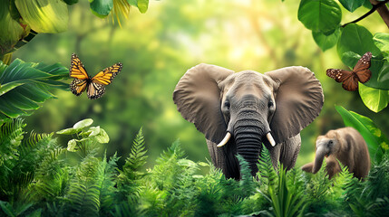 Elephant family in lush jungle with butterflies and vibrant green foliage