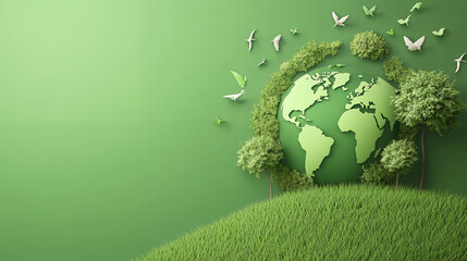 Earth day concept with green planet, trees, grass, and birds on a green background