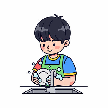 Cartoon illustration of a young boy happily washing dishes in a kitchen sink with soap suds