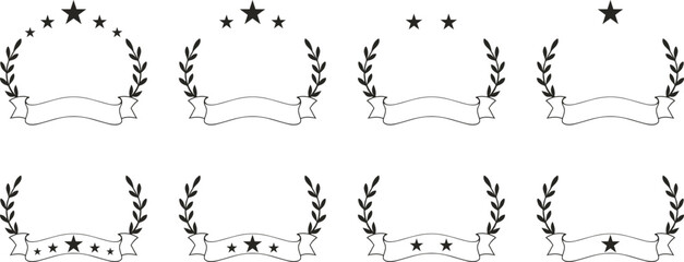 Black and white laurel wreath badge set featuring stars and blank ribbon banners for customizable awards and labels. Ideal for certificates, achievements, logos, and premium branding. Clean outline de