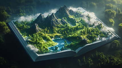 Fantasy landscape scene emerging from an open book with mountains and trees