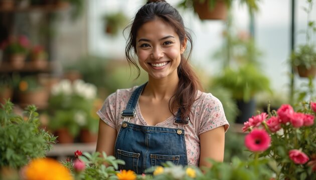 Happy woman works in flower shop. She smiles at camera. Smiling florist surrounded by plants flowers. Floral business owner in a garden center.