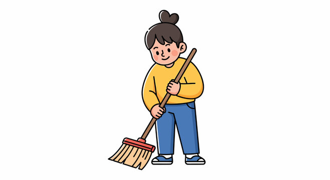 Charming cartoon illustration of a dedicated person sweeping the floor with a broom, showcasing home cleaning activities and household chores