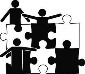 Silhouette figures representing teamwork and collaboration connecting puzzle piece shapes isolated on white background