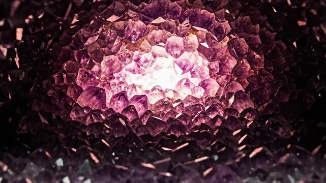 Close Up Of A Natural Amethyst Geode Crystal With Deep Purple And Pink Hues Illuminated From Within On A Dark Surface