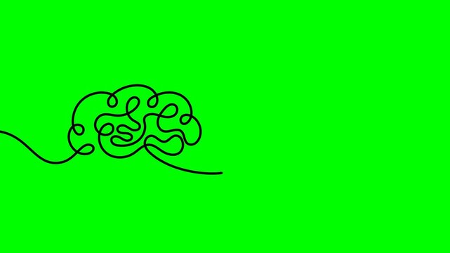 Continuous one line drawing of human brain connected to heart symbol representing balance of logic and emotion. Green background, alpha channel. Animation for mindfulness psychology wellness design
