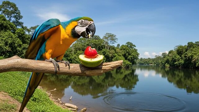 Colorful Macaw Enjoying Fruit on Branch Overlooking a Tranquil Lake with Forest Backdrop