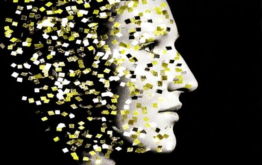 Abstract Human Face Dissolving into Digital Particles.