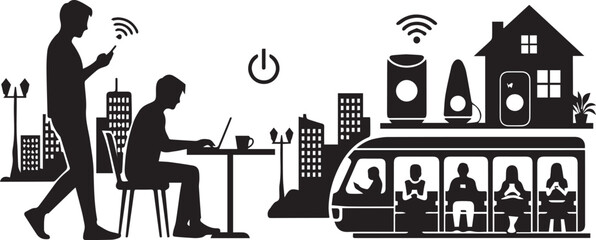 Silhouette illustration depicting connected life with people using devices and smart home technology in urban setting