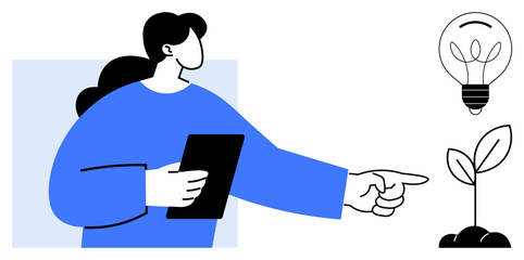 Woman holding a tablet and pointing at a young plant, accompanied by a lightbulb. Ideal for innovation, sustainability, growth, education, leadership, creativity strategy. Simple flat metaphor