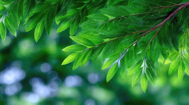 Close-up of lush green leaves on a tree branch, with a soft, out-of-focus bokeh background of green and blue hues. The lighting is natural and gentle, creating