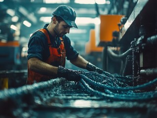 Industrial worker inspecting machinery and hydraulic systems within a factory setting