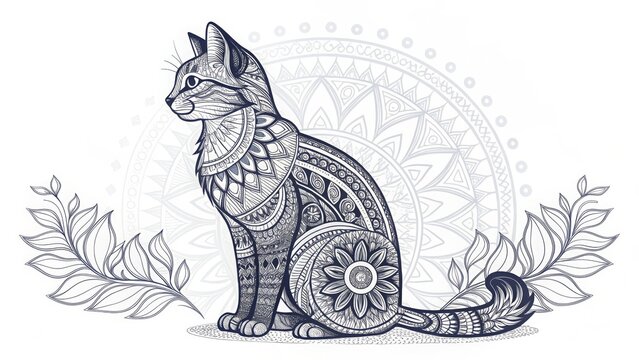 Stylized black and white illustration of a sitting cat covered in detailed mandala-style geometric patterns. Excellent for adult coloring books, meditation, pet, and art blogs or sites.