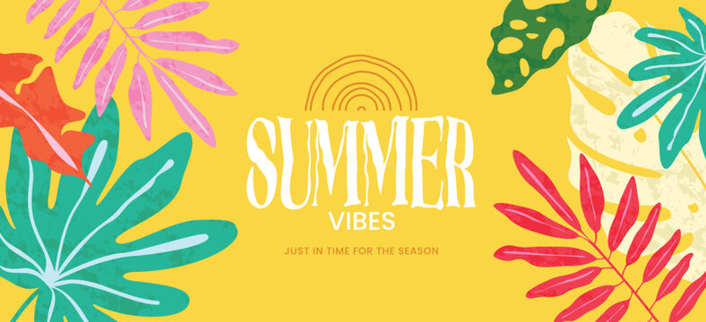 Bright tropical summer illustration with bold textured leaves, handwritten text, and vibrant yellow background. Perfect for vacation ads, event posters, and seasonal creatives.