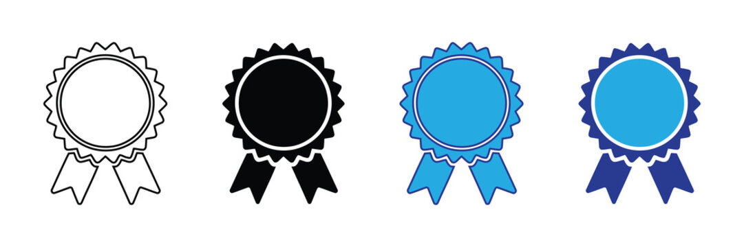 Collection of award ribbons and rosettes in outline, solid black, and blue colors, symbolizing achievement and recognition