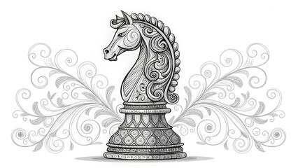 Detailed pencil sketch of an ornate chess knight with decorative swirls on a white background. Use on sites/blogs about: chess, strategy, gaming, history, mythology, intelligence, and competitive 