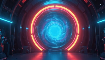 Fototapeta premium Abstract space portal opens gateway for time travel innovation. Scifi wormhole in spaceship leads to another dimension. Future tech journey through universe represents strategy for success