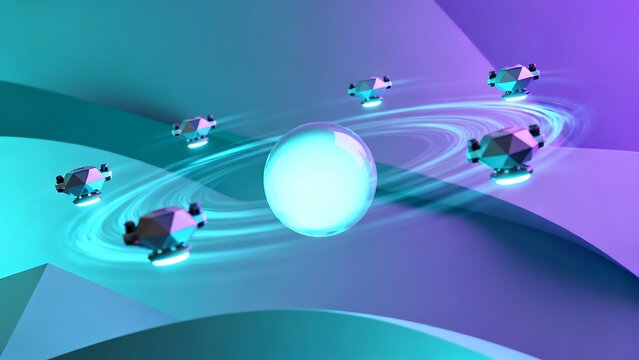 Generative AI futuristic drones orbit a glowing orb in space. - Powered by Adobe