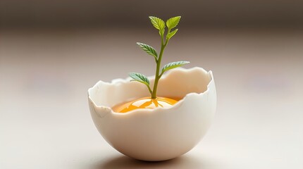 A young plant sprouts from a cracked egg, symbolizing new beginnings and growth. The plant stands tall in the eggshell, representing life and potential