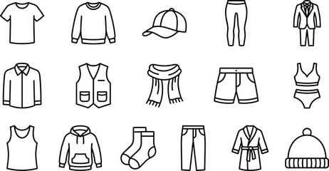Clothing Apparel Accessories Outline Icons Set, Including T-shirt, Sweater, Suit, Scarf, Vest, Shorts, Cap, Socks, Robe, and Underwear Symbols, Editable Vector Line Art.