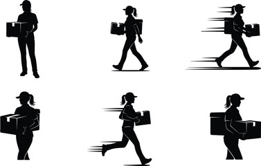 Cad drawing flat vector illustration of female delivery worker walking running carrying box in uniform fast express courier service silhouette