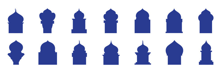 Collection of islamic architectural domes and archways in a blue silhouette, representing mosques and cultural heritage designs.