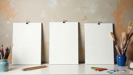Empty white canvases with artist brushes and pencils on the table, creative concept.