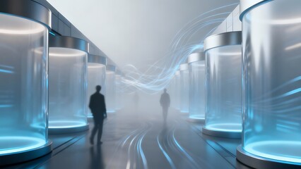 Generative AI futuristic lab with human silhouettes exploring innovation.