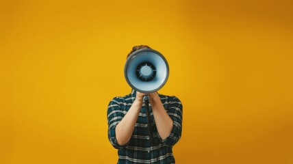 A person holds a megaphone, emphasizing communication against a vibrant yellow background.