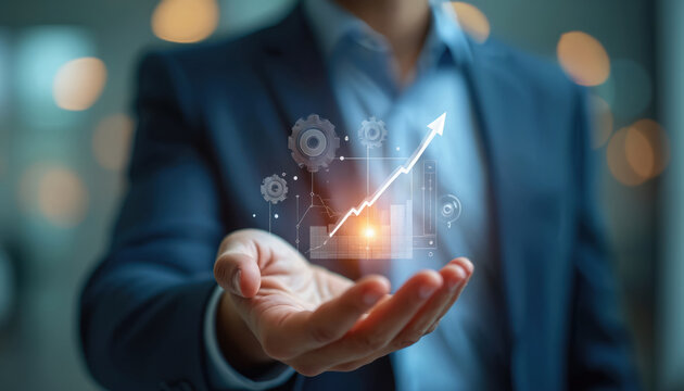 Businessman holds futuristic display with growth graph showing increase in productivity, efficiency. Gears, analytics symbols suggest business progress, development. Strategy for corporate