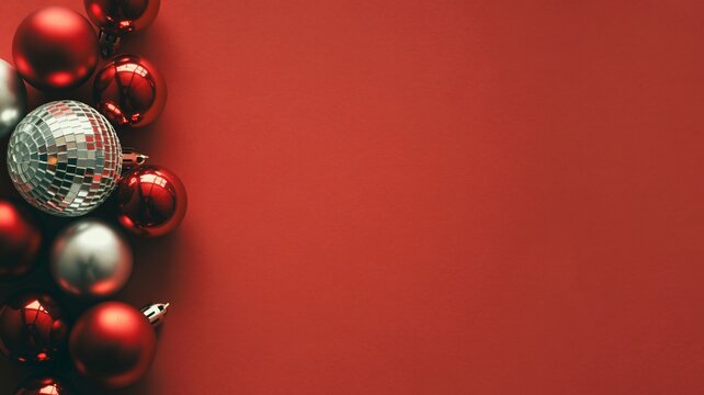 Festive red and silver christmas ornaments on a red background