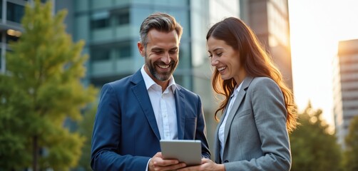 Man and woman in suits smile while looking at tablet outside modern office building. Business partners discuss project details, happy about good results and future plans.