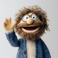 Cartoon character with glasses and a beard is smiling and waving. The character is wearing a blue sweater and a blue jacket