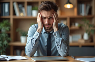 Young man with hands on temples feels stressed and tired at office desk. Business owner experiencing headache due to financial problems and work pressure. Male feels overwhelmed by work and crisis.