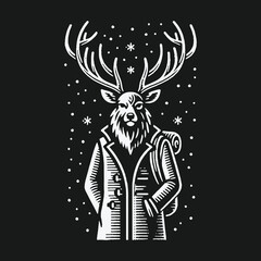 Fototapeta premium Black and white graphic illustration of a deer traveler in winter snow.