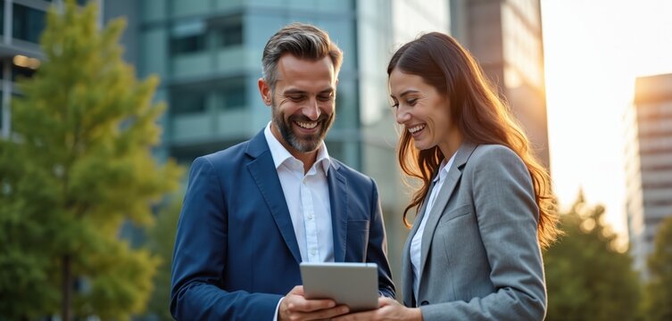 Man and woman in suits smile while looking at tablet outside modern office building. Business partners discuss project details, happy about good results and future plans.