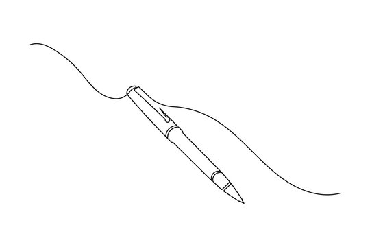 Continuous one line art drawing of a classic ink pen creating a wavy black line on a white background