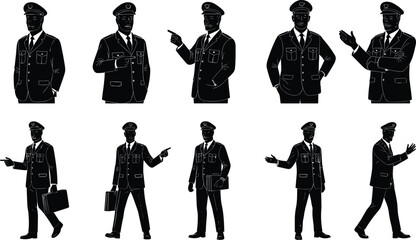 Cad drawing flat vector illustration of male pilot character set in uniform, standing, pointing, walking, carrying briefcase, professional aviation design © Anisur Creatives