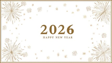 Elegant golden fireworks and snowflakes frame the year 2026 with happy new year greeting