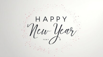 Elegant handwritten script text happy new year with subtle confetti on a textured light gray background