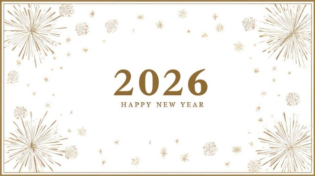 Elegant golden fireworks and snowflakes frame the year 2026 with happy new year greeting