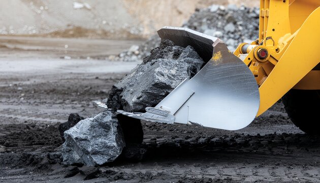 Heavy construction machinery loader moving large rocks at a quarry site