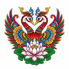 Obraz premium Vibrant, stylized peacocks facing each other with lotus flower and leaves, perfect for design projects needing bold color and cultural symbolism