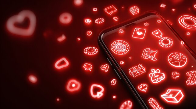 Mobile phone displaying glowing red casino icons, symbolizing online gambling and digital entertainment on a dark background. - Powered by Adobe