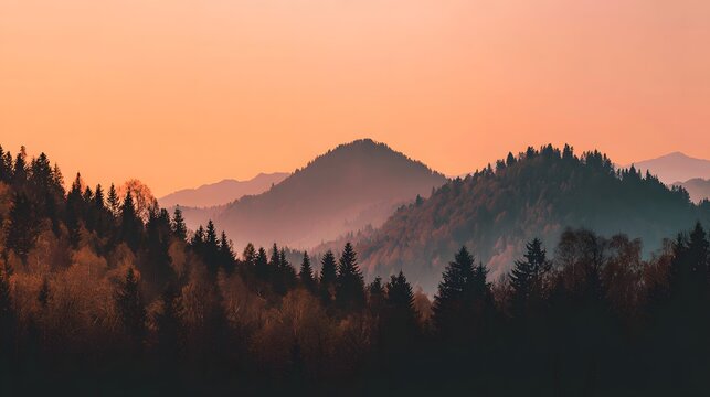 Misty Mountain Landscape at Sunrise with Silhouetted Trees.