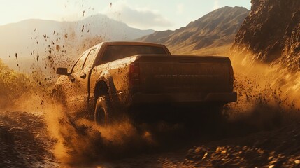 Off-road truck driving through muddy terrain.