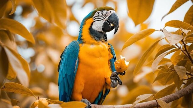 Vibrant blue and gold macaw perched among lush golden foliage in natural habitat