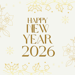 Happy New Year 2026 Greeting Card with Gold Decorative Line Art