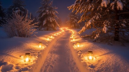 Candle pathway glowing in deep snow during winter solstice celebration night, atmospheric scene