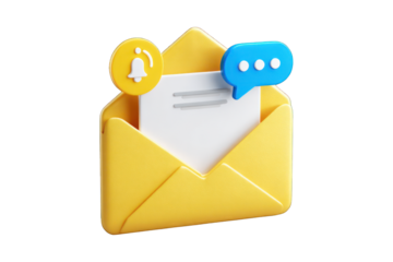 A 3D illustration depicts an open yellow envelope with a notification bell and a chat bubble symbolizing digital communication and message alerts.